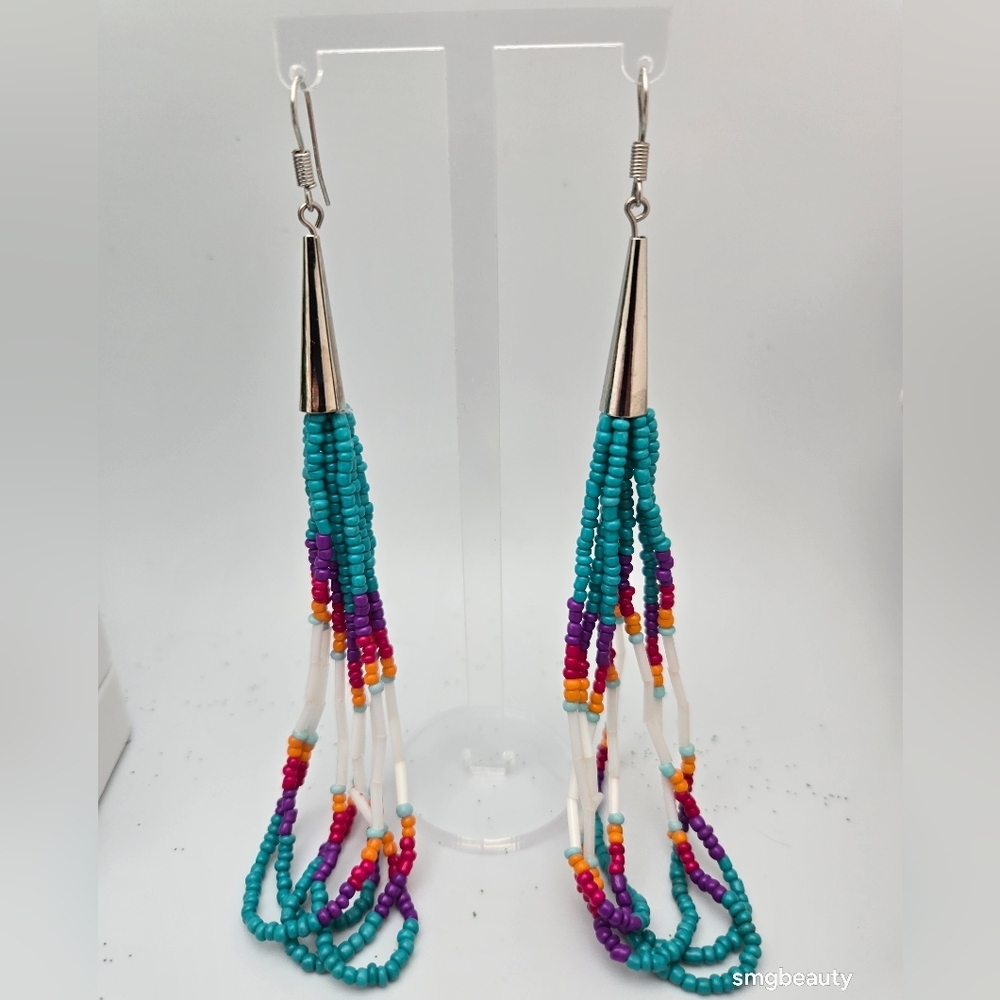 Handmade Beaded Turquoise Purple White Earrings Native Inspired Boho 5.5” New